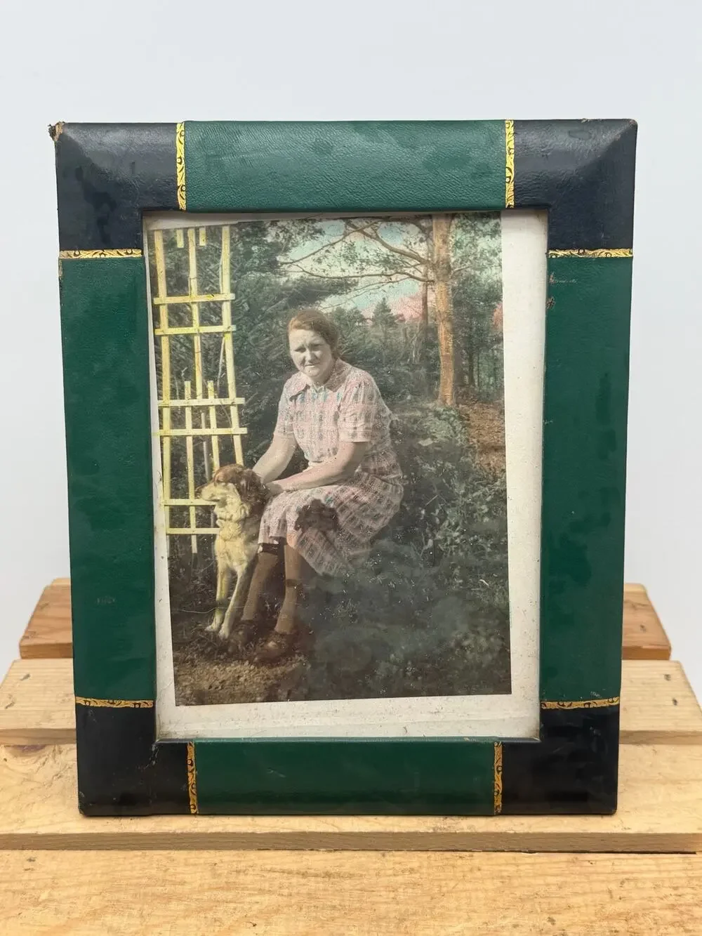 Vintage Hand-Tinted Woman & Dog Portrait in Green Leatherette Frame - 8”x10”